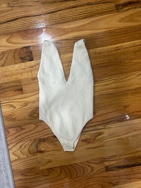 Ribbed Deep V Cream Bodysuit for Women